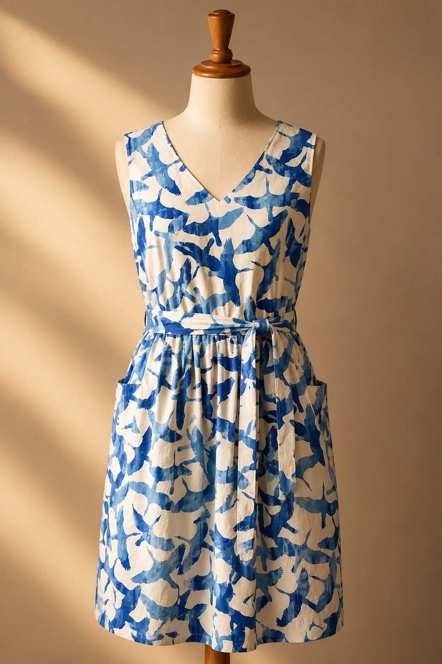 L.L. Bean Signature Bird Print Cotton Dress Blue White Tie Waist Pockets Size 14